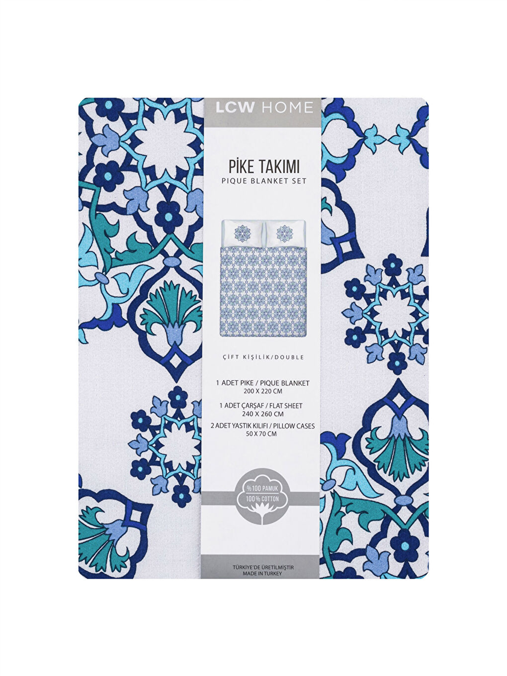 Mavi Desenli Pamuklu Çift Kişilik Pike Takımı-7