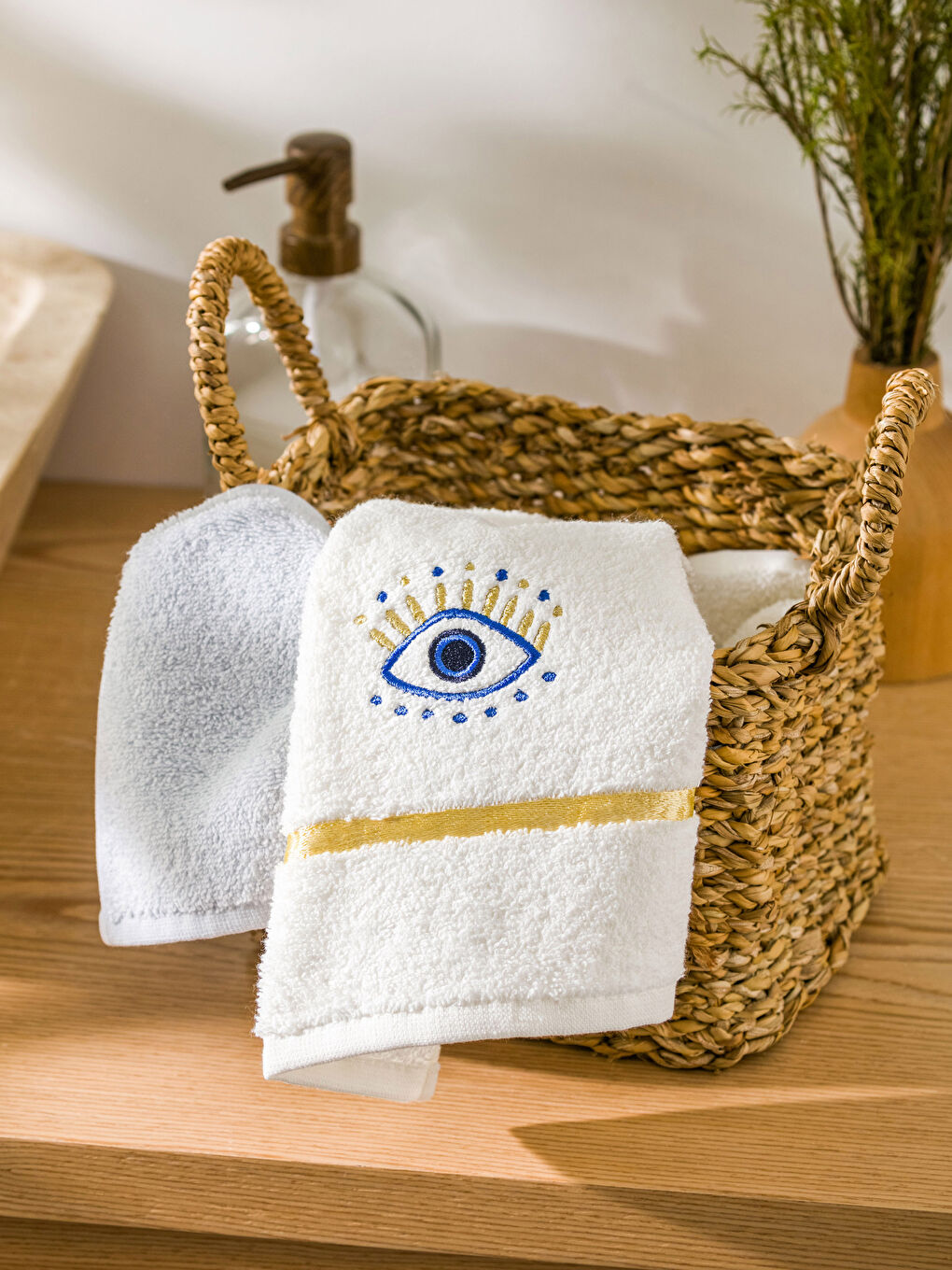 Ekru Göz Nakışlı Pamuklu El Havlusu 2'li 30x50 cm