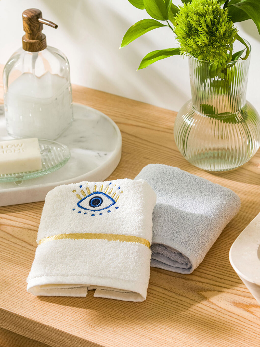 Ekru Göz Nakışlı Pamuklu El Havlusu 2'li 30x50 cm-1