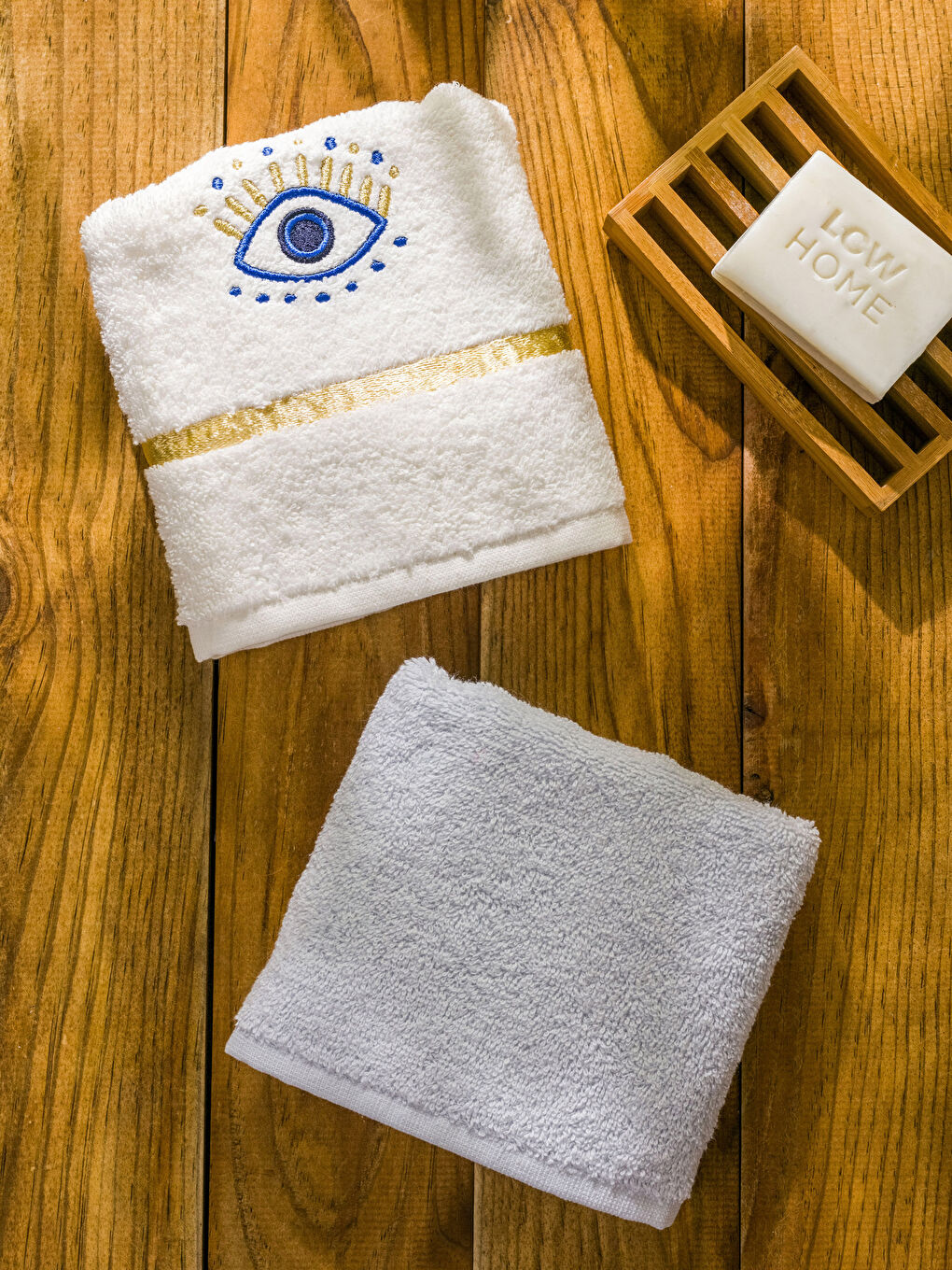 Ekru Göz Nakışlı Pamuklu El Havlusu 2'li 30x50 cm-2