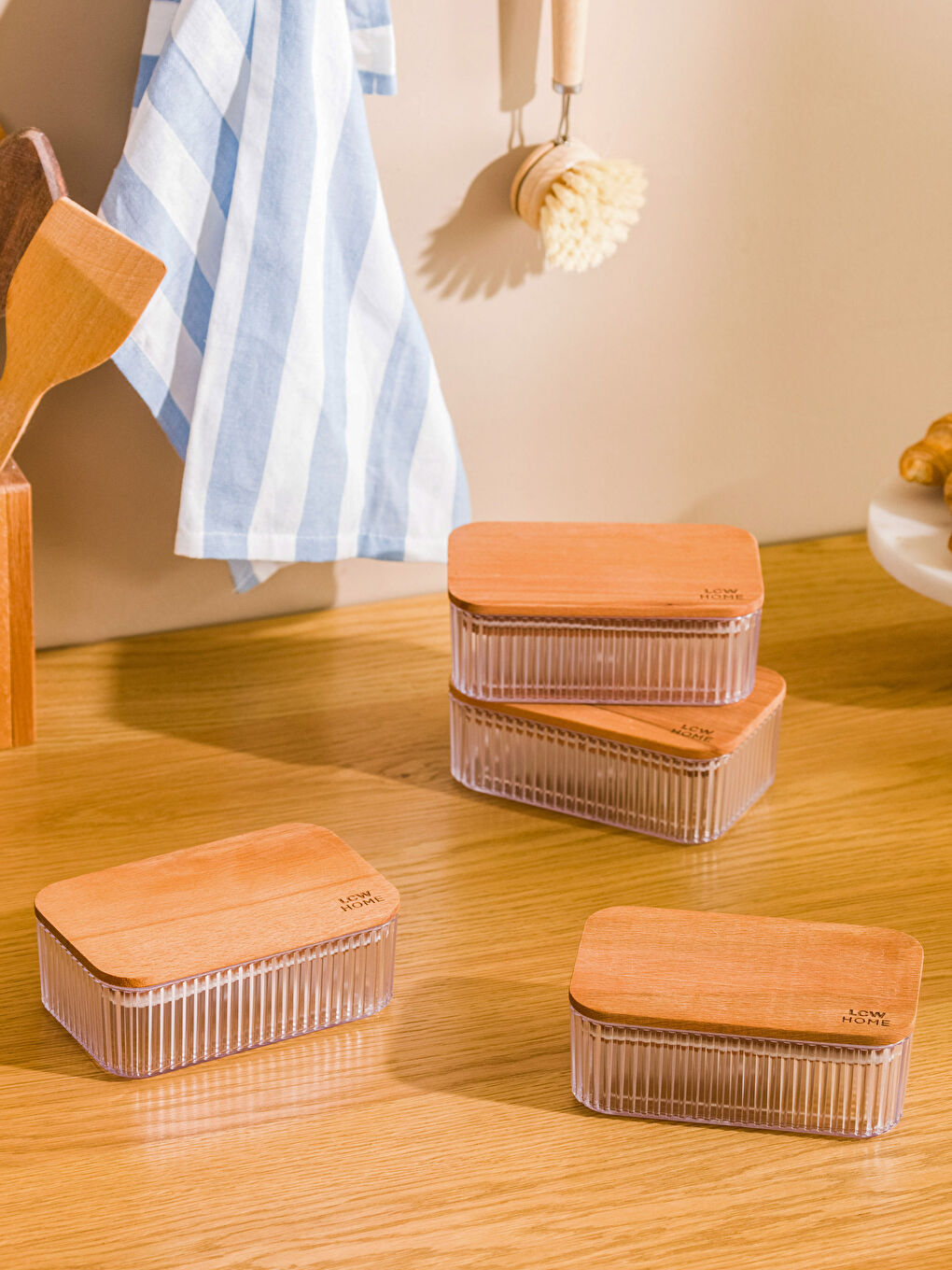 Renksiz Ahşap Kapaklı Saklama Kabı 4'lü
