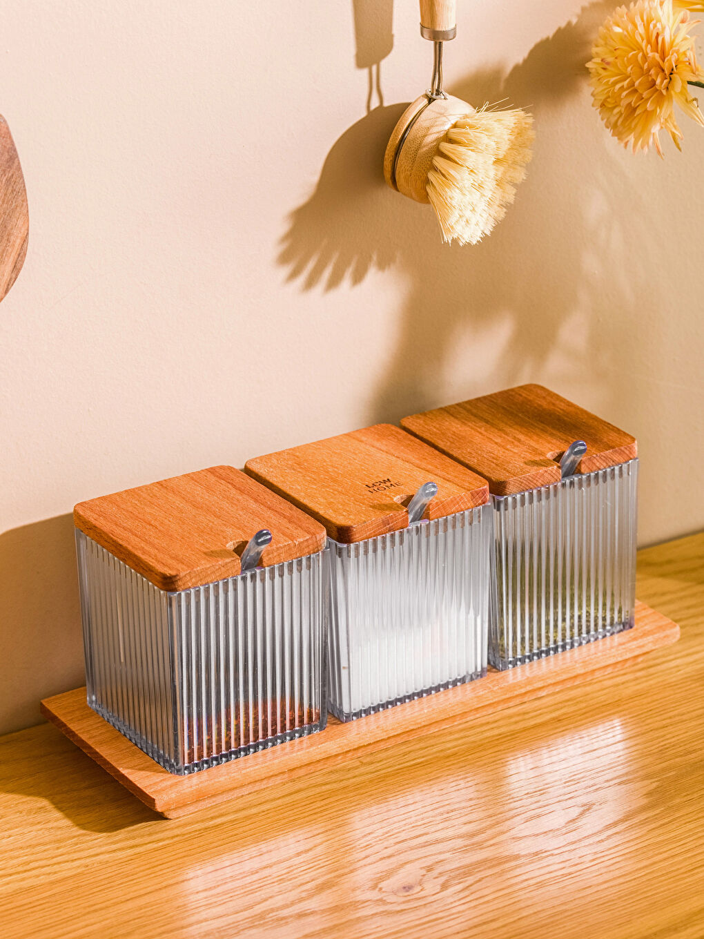 Renksiz Ahşap Kapaklı Baharatlık Seti 3'lü 950 ml