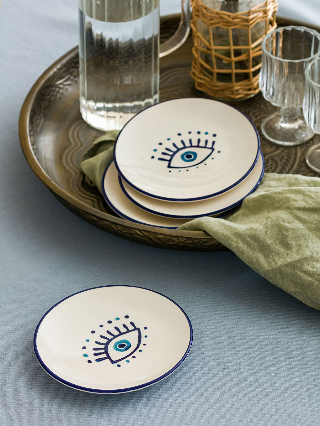Mavi Göz Baskılı Seramik Pasta Tabağı Seti 4'lü