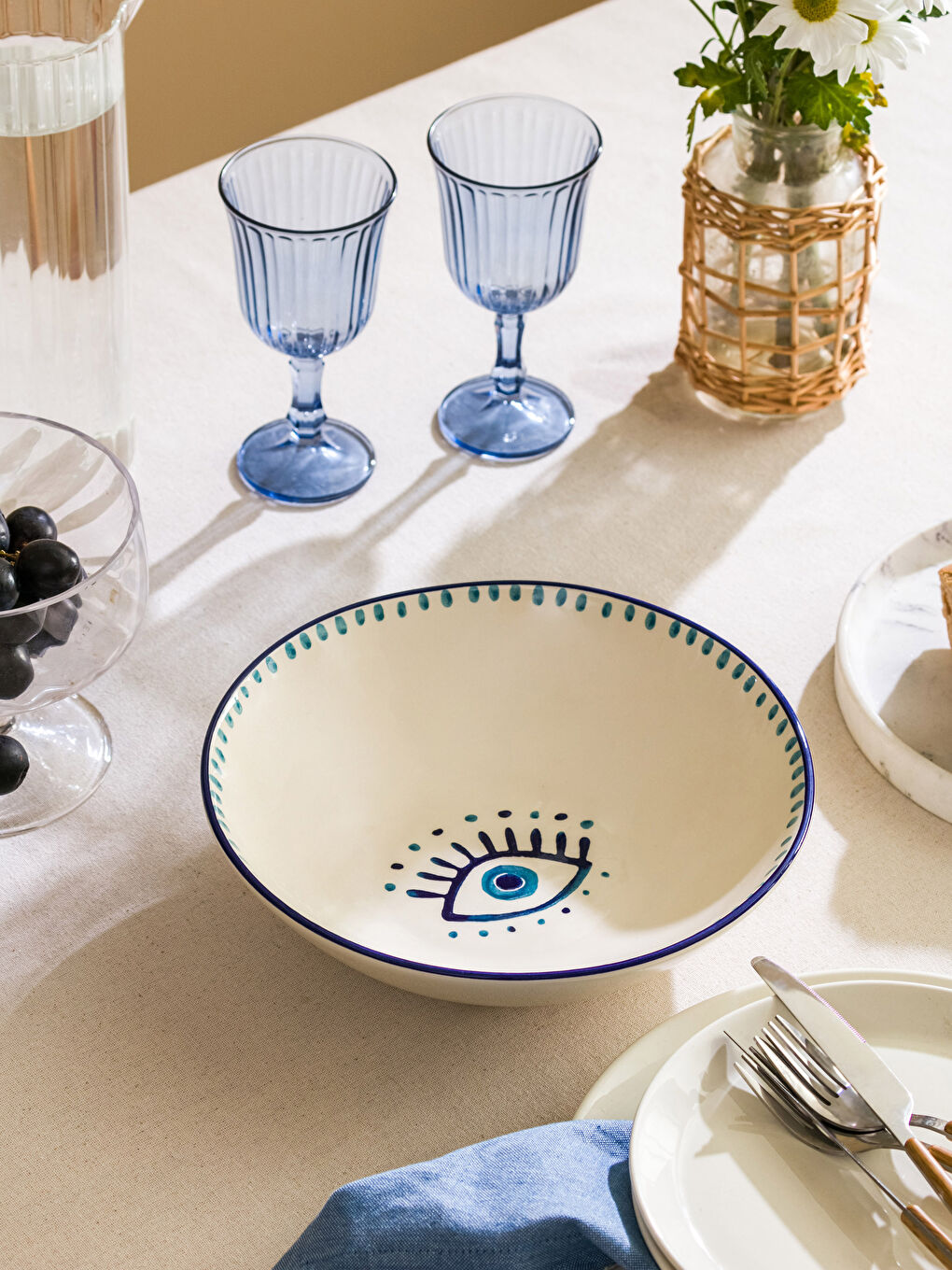 Mavi Göz Baskılı Seramik Salata Kasesi 26 cm