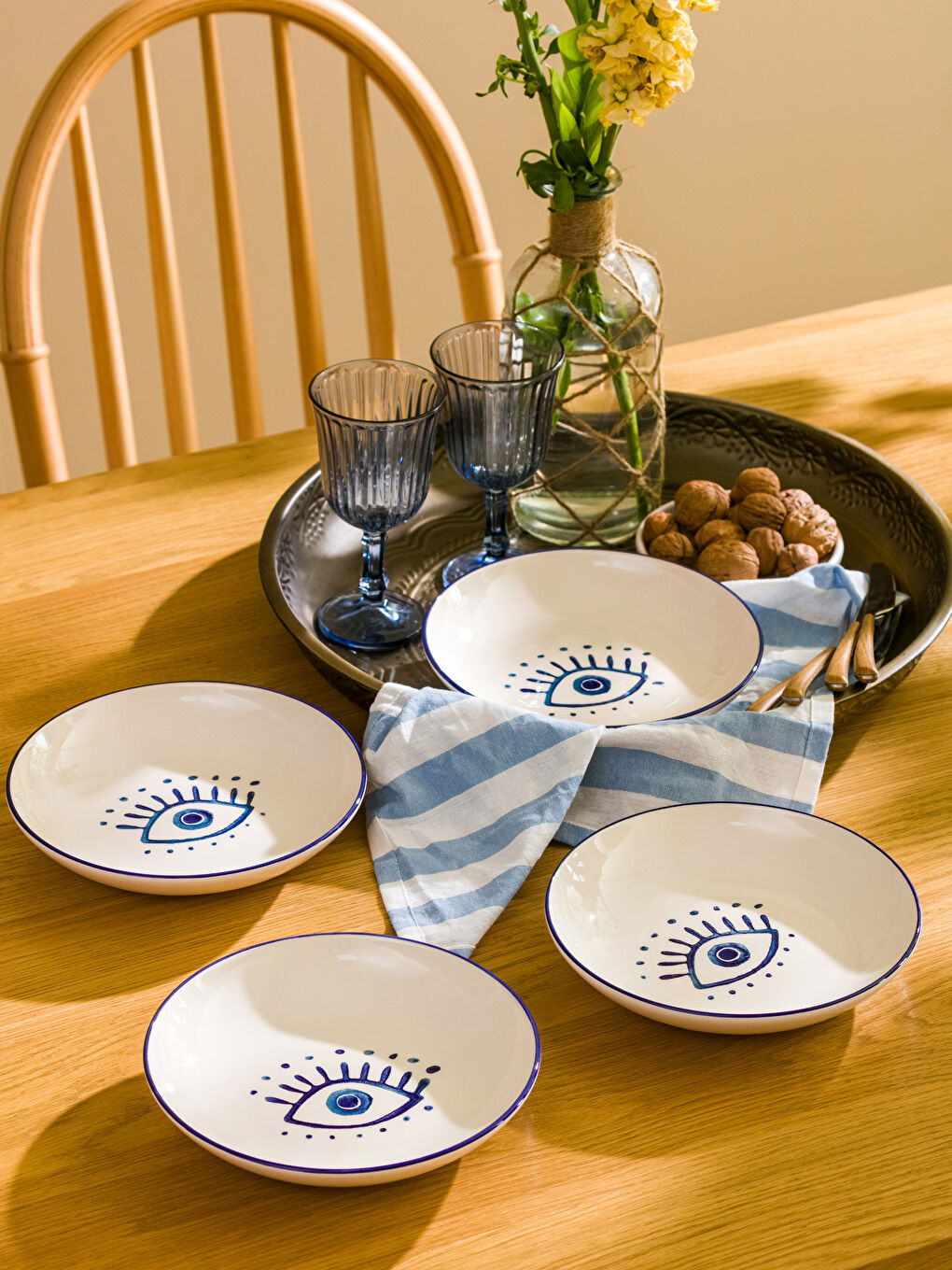 Mavi Göz Baskılı Seramik Çukur Tabak 4'lü-1