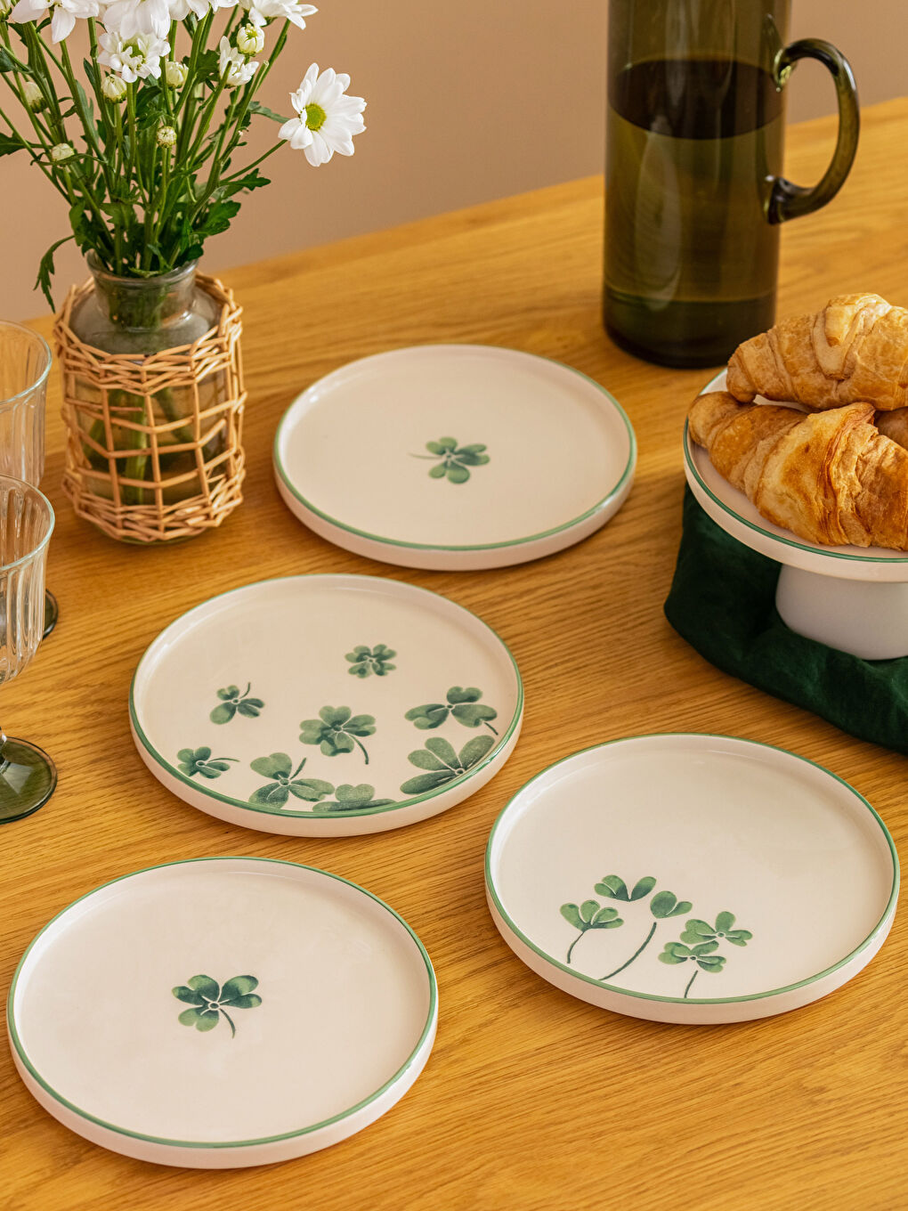 Yeşil Baskılı Seramik Pasta Tabağı Seti 4'lü
