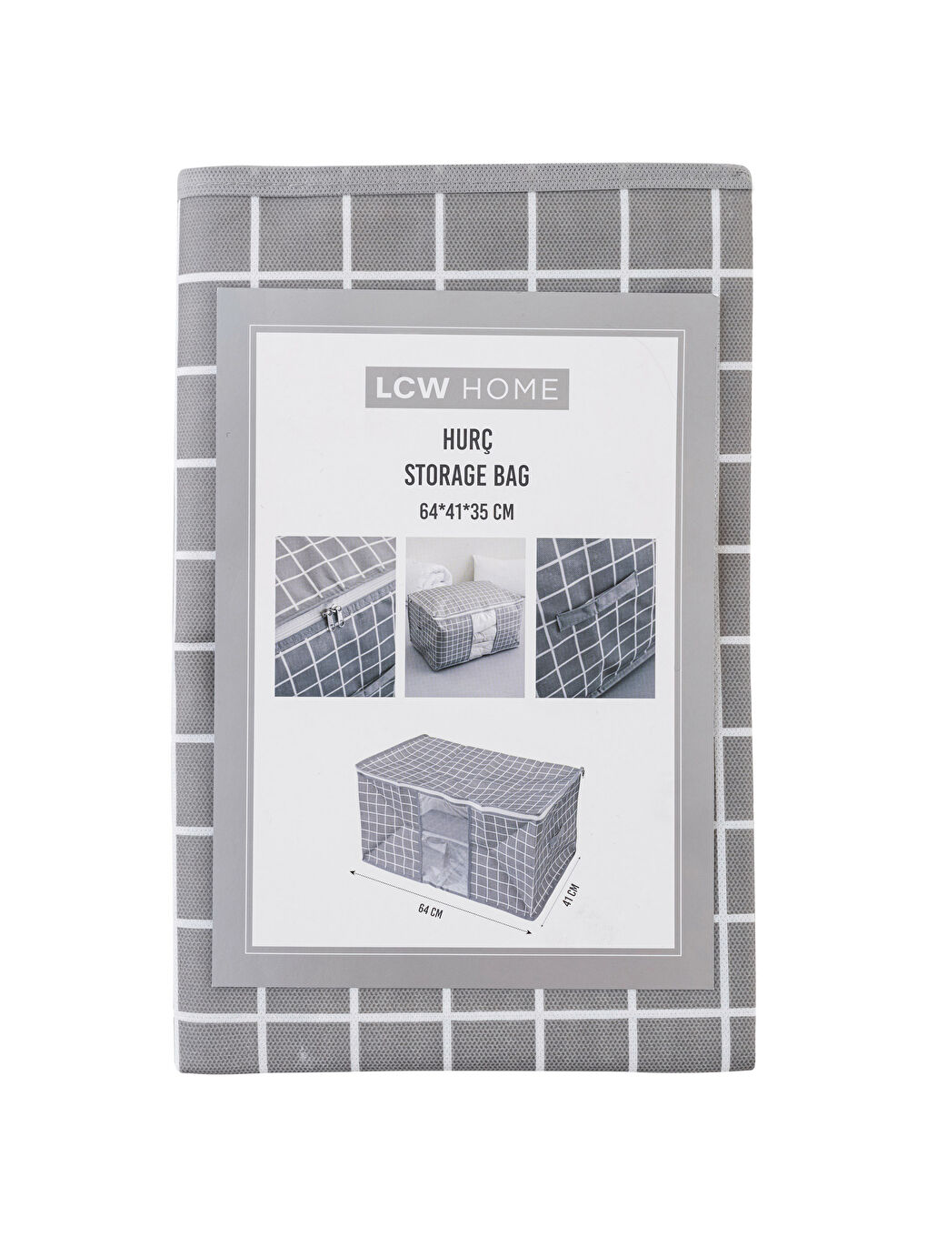 Gri Geometrik Desenli Fermuarlı Kare Hurç 64x41x35 cm-3