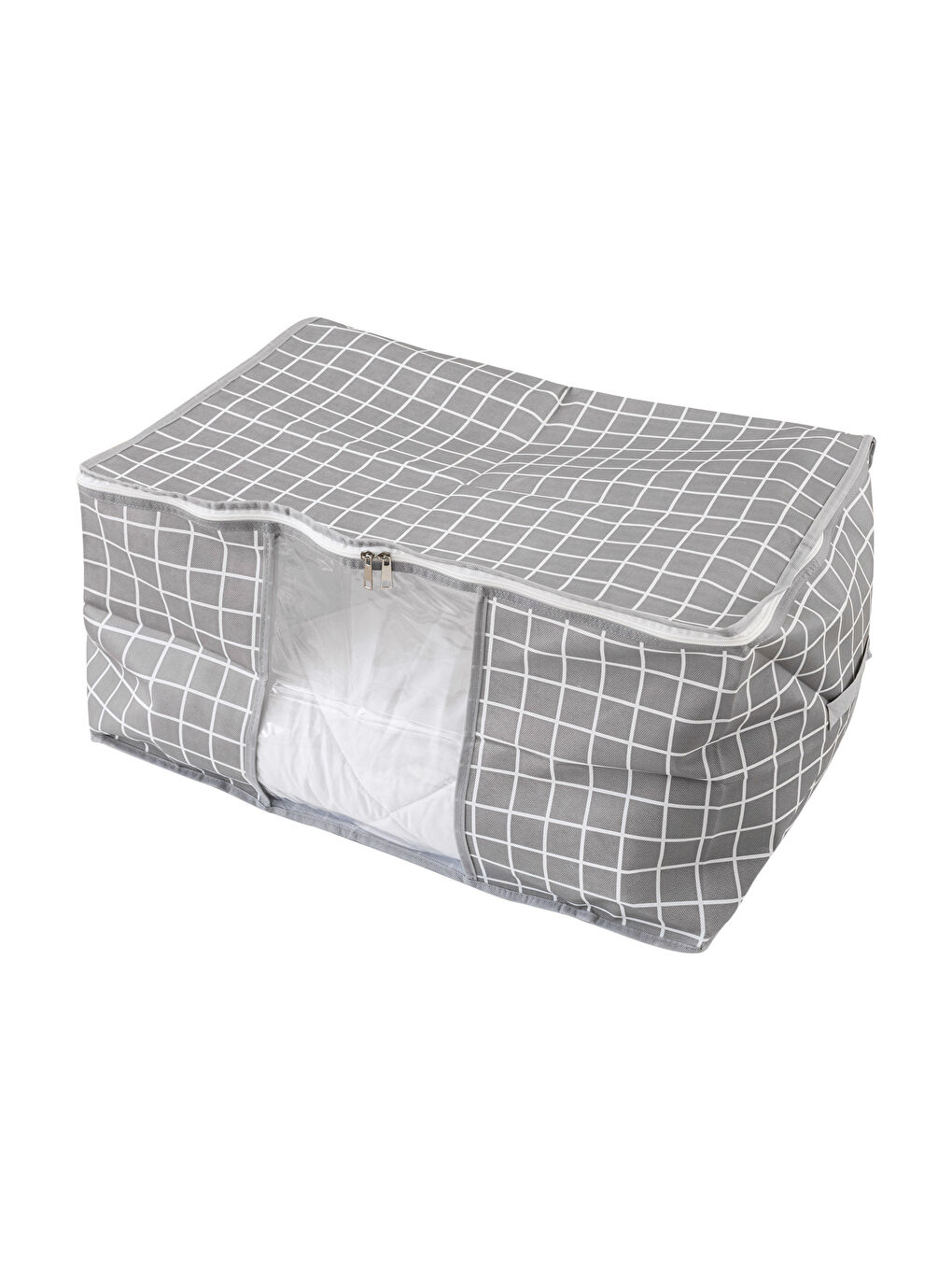 Gri Geometrik Desenli Fermuarlı Kare Hurç 64x41x35 cm-4