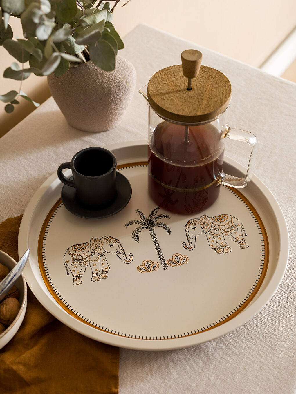 Karışık Fil Desenli Metal Tepsi 34 cm