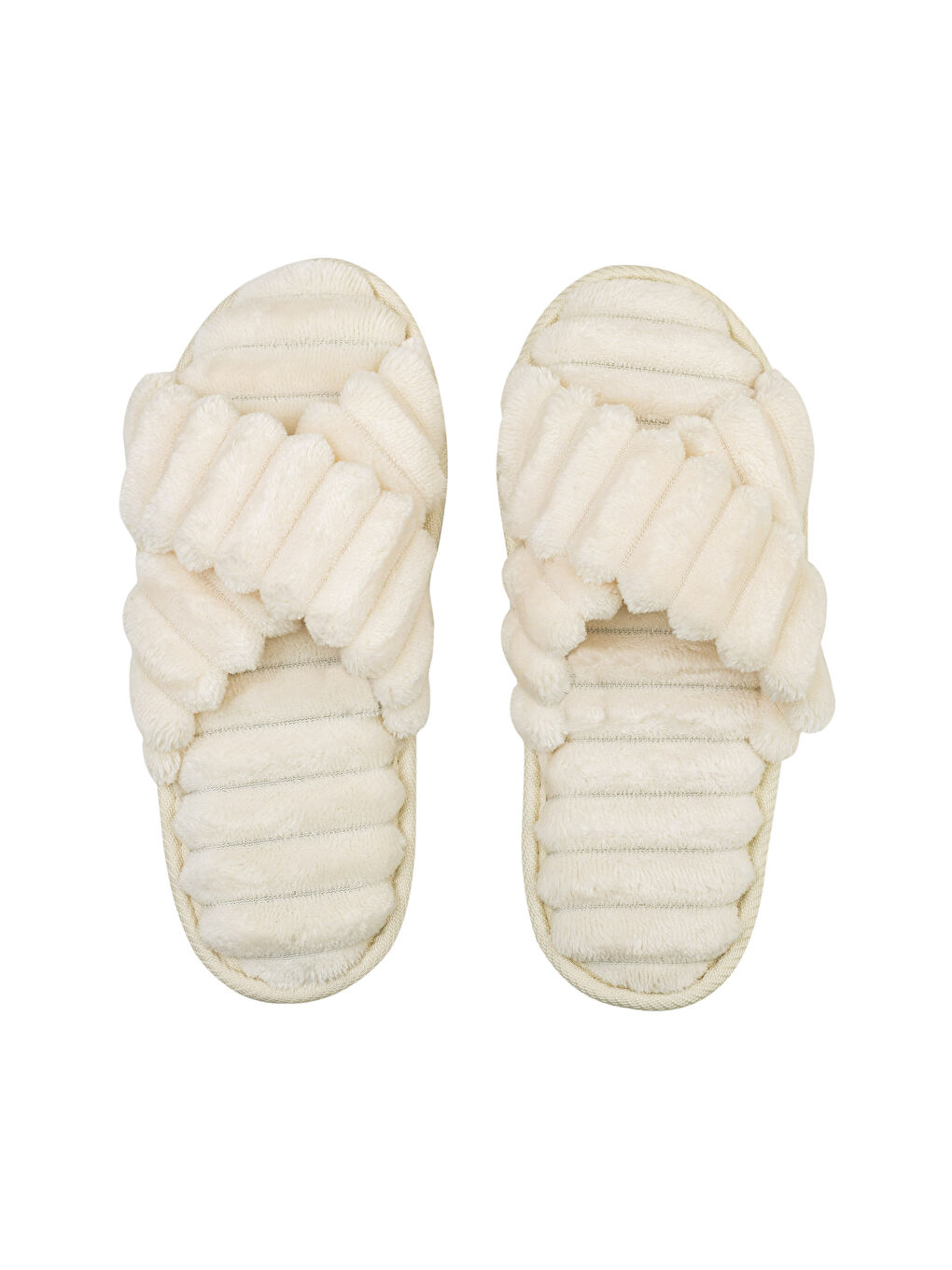 Ekru Pelüş Çapraz Bantlı Kadın Ev Terliği-5