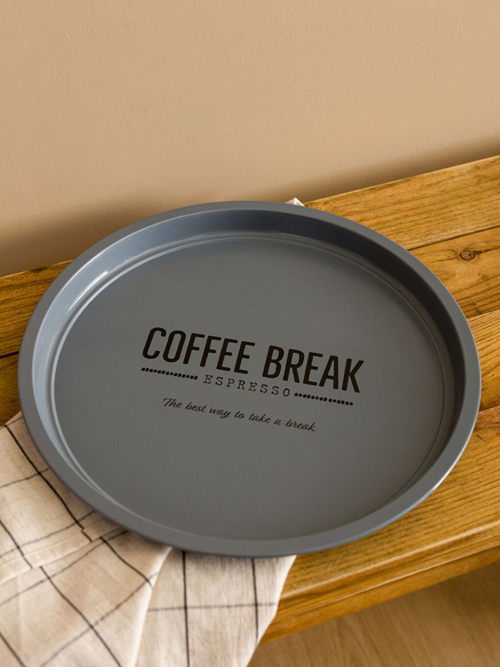 Antrasit Yazı Baskılı Metal Tepsi 34 cm-1