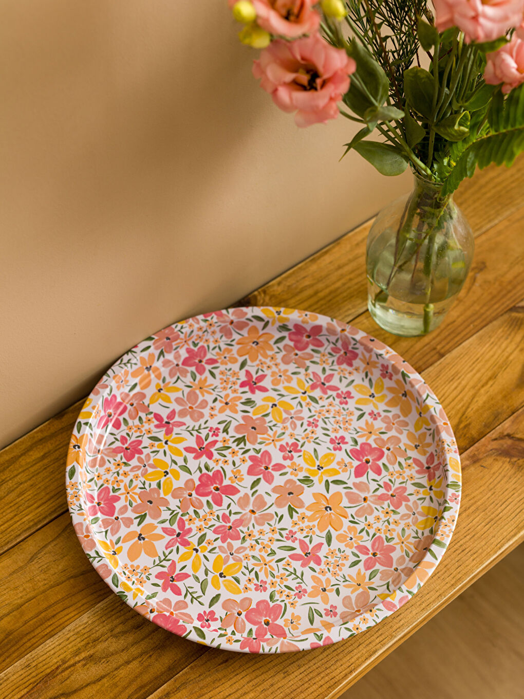 Karışık Çiçek Baskılı Metal Tepsi 34 cm-1