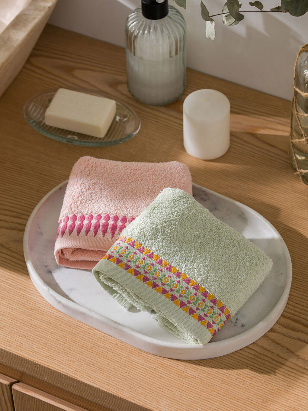 Yeşil Etnik Nakışlı El Havlusu 2'Li