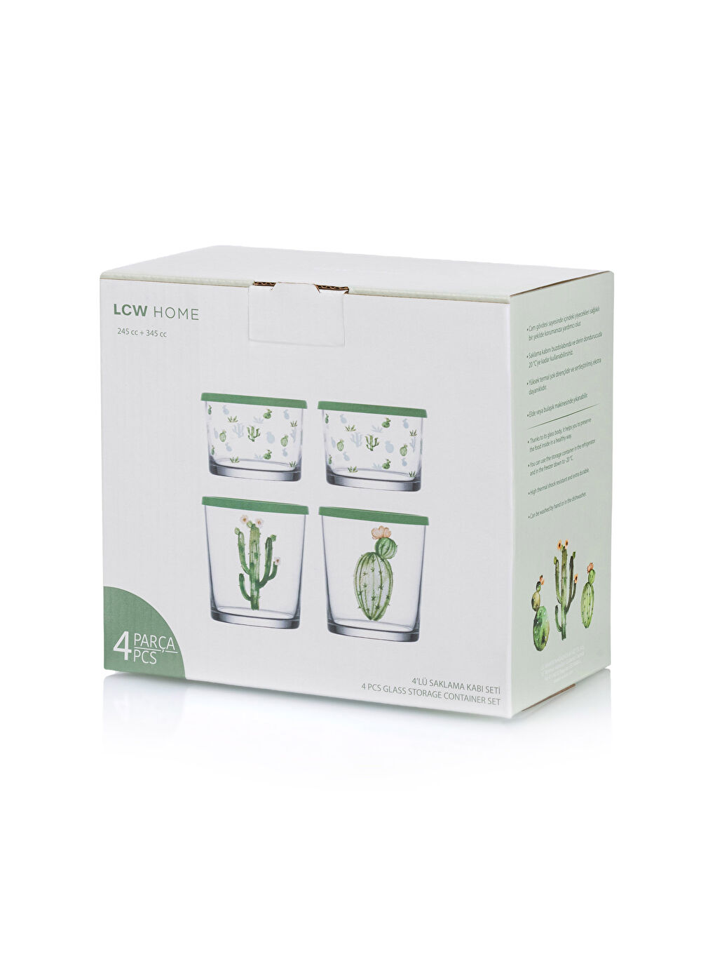 طقم برطمانات تخزين زجاج مطبوع بنقشة الصبار ٤ قطع-3