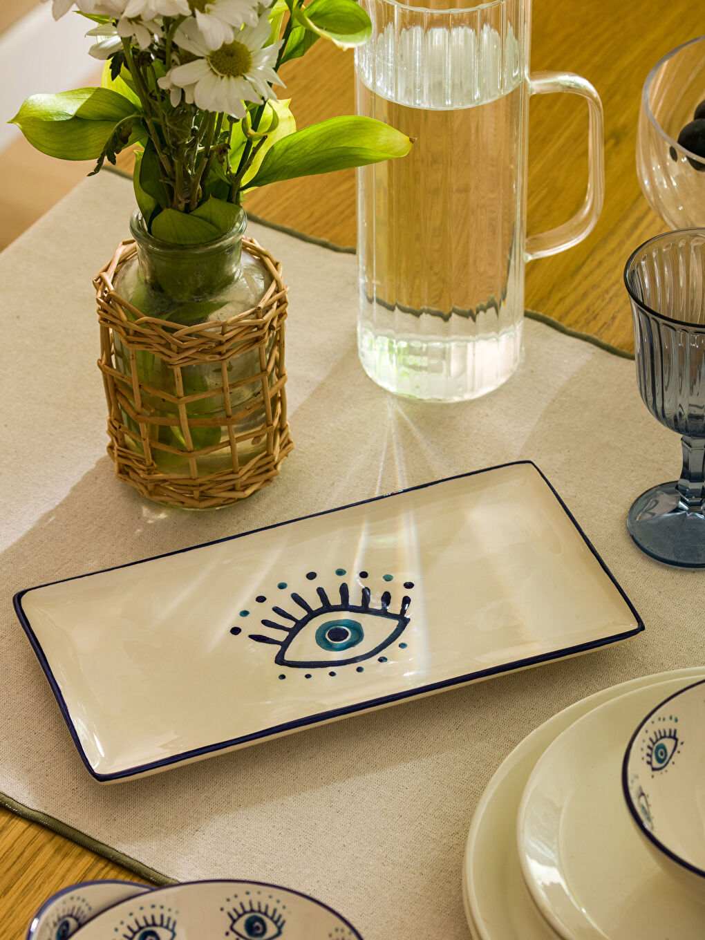 Mavi Göz Baskılı Seramik Sunum Tabağı 29x15 cm