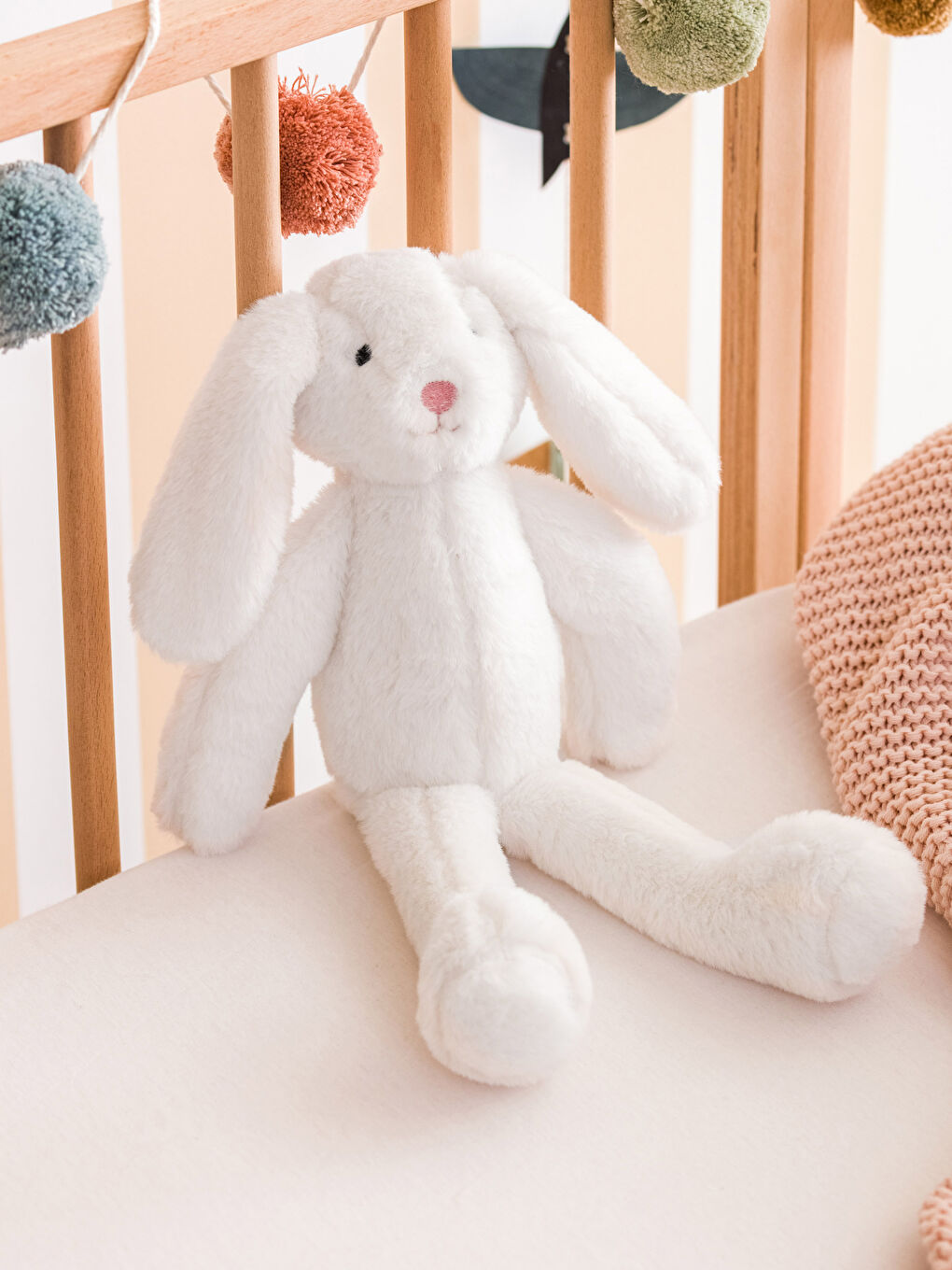 Ekru Tavşan Nakışlı Dolgulu Pelüş Bebek Kırlent 50 cm
