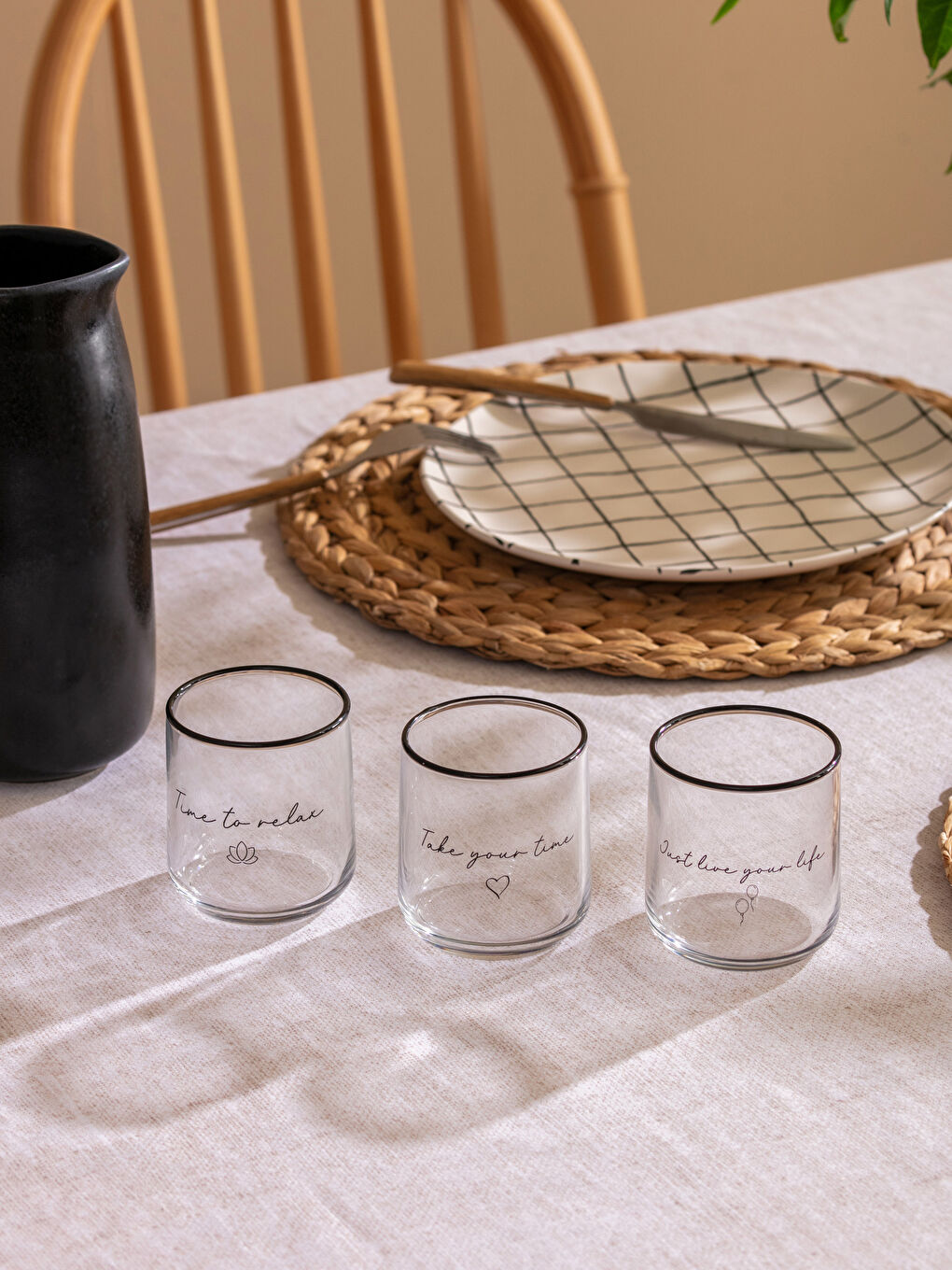 Siyah Baskılı 3'lü Cam Bardak Seti 260 ml-1