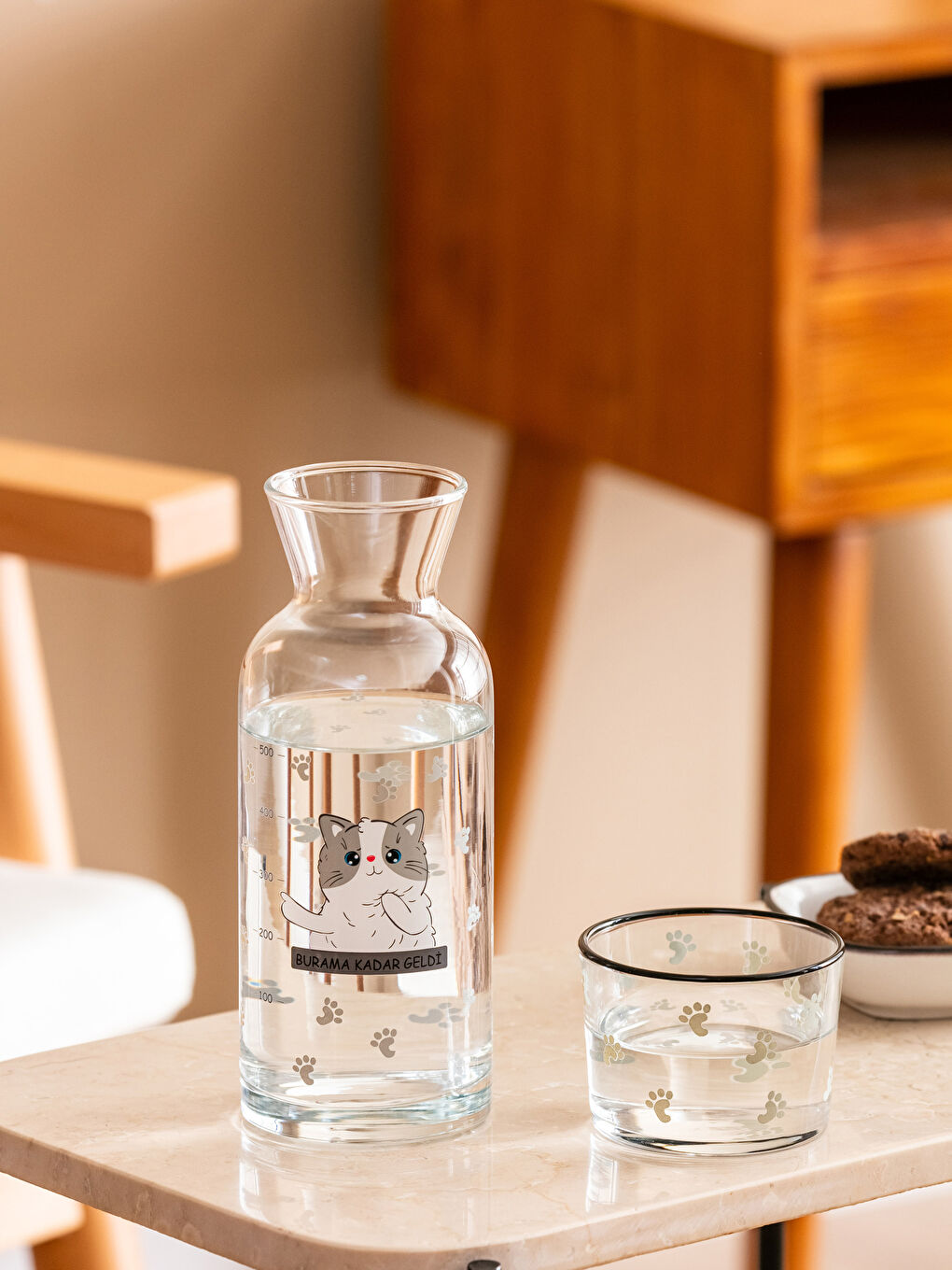 Karışık Kedi Baskılı Bardak Kapaklı Cam Karaf Sürahi 700 ml