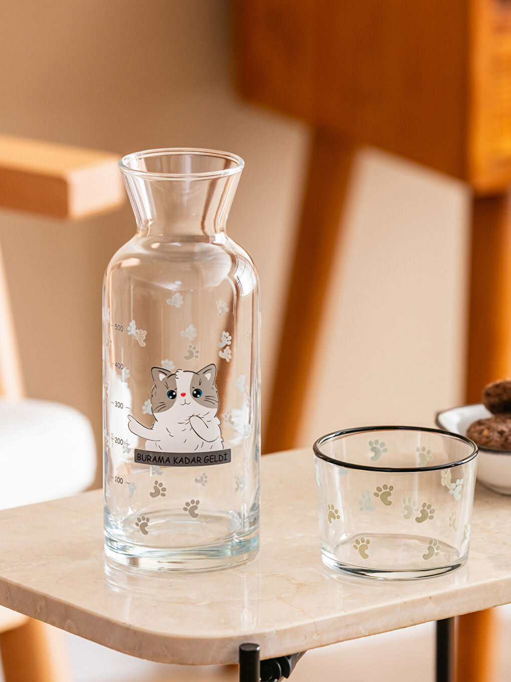 Karışık Kedi Baskılı Bardak Kapaklı Cam Karaf Sürahi 700 ml-1