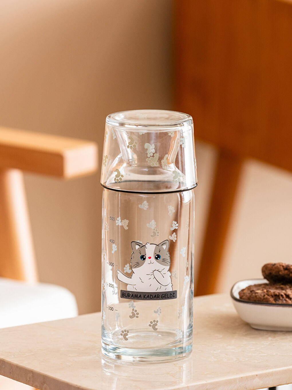 Karışık Kedi Baskılı Bardak Kapaklı Cam Karaf Sürahi 700 ml-2