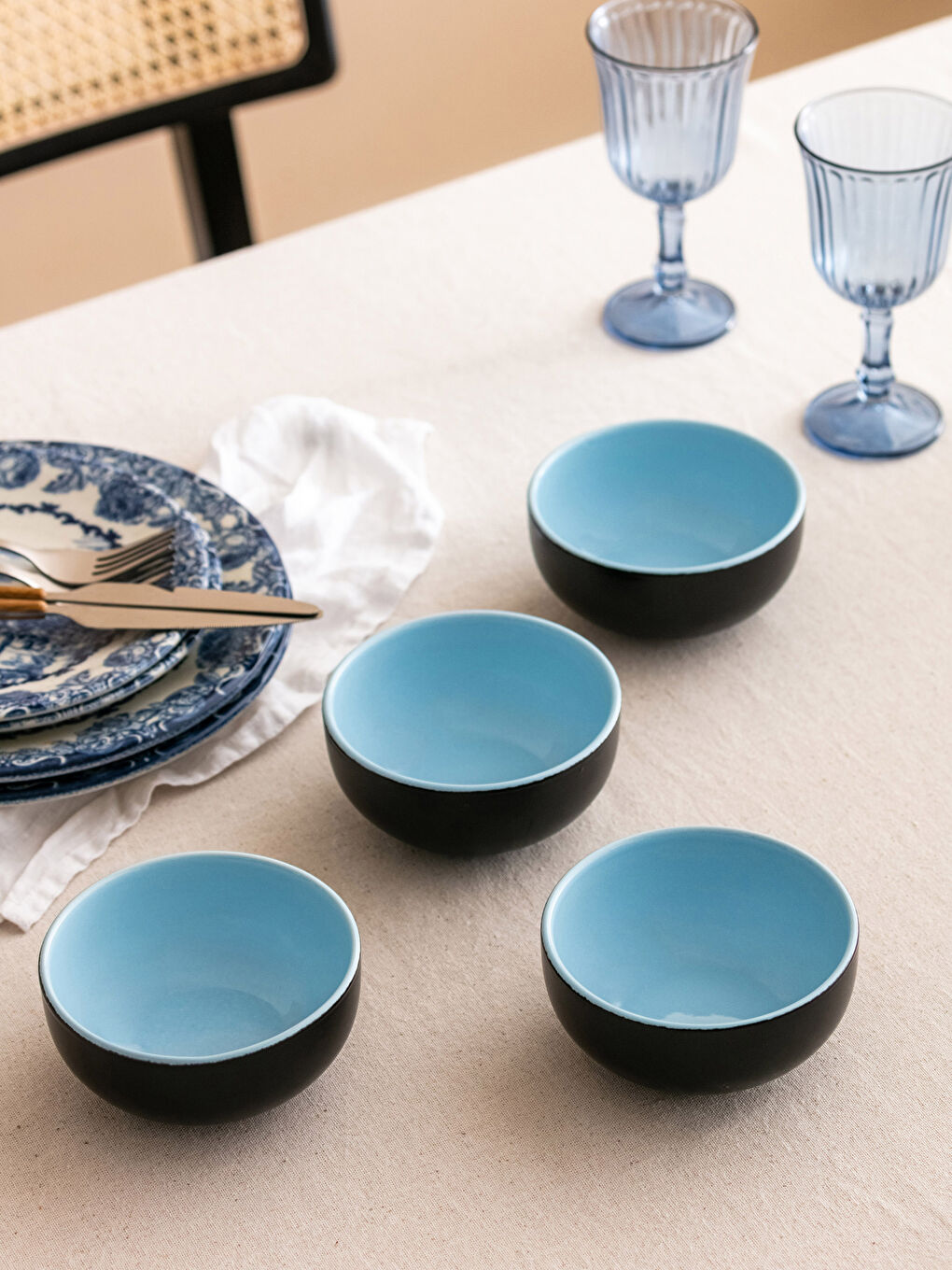 Mavi Renkli Seramik Kase Seti 4'lü