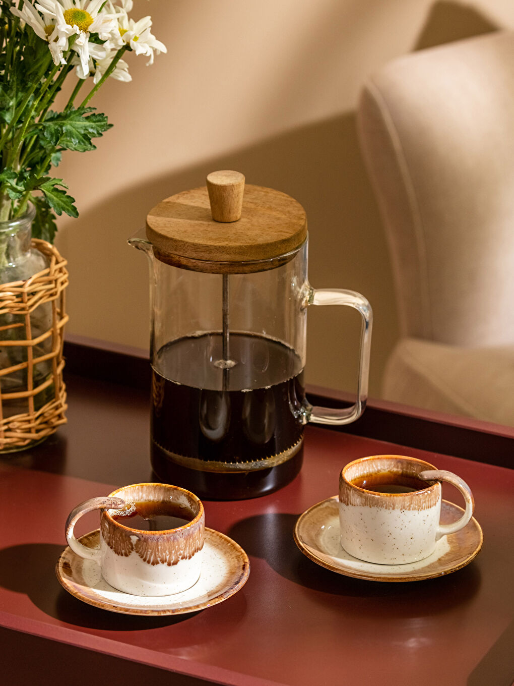 Kahverengi 2 Kişilik Desenli Porselen Kahve Fincan Takımı 90 ml