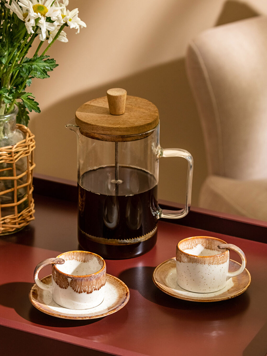 Kahverengi 2 Kişilik Desenli Porselen Kahve Fincan Takımı 90 ml-1