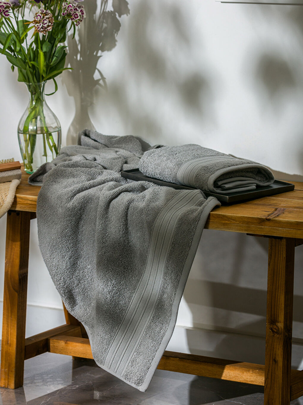 Gri Düz Pamuklu Banyo Havlu Seti 2'li