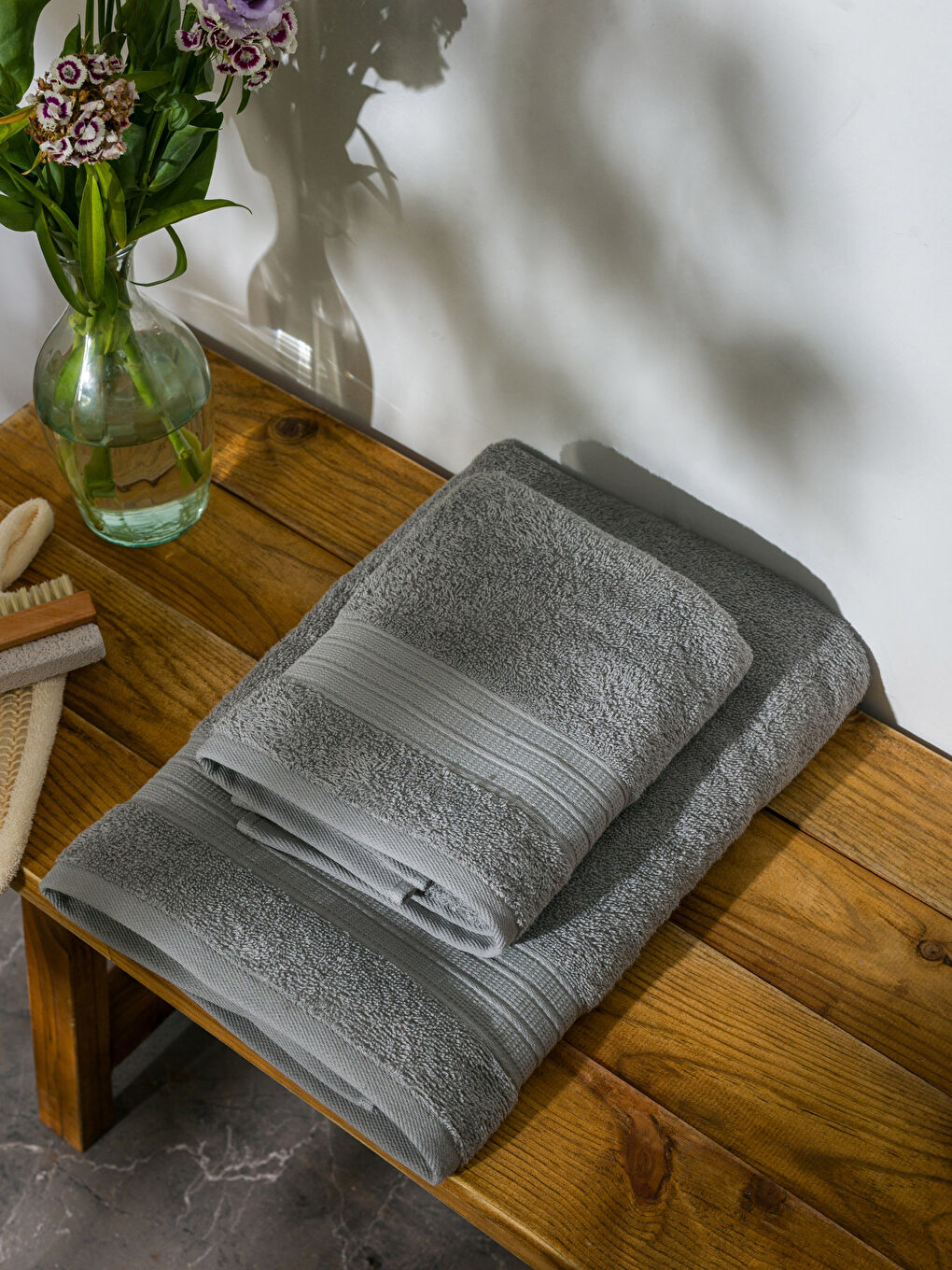 Gri Düz Pamuklu Banyo Havlu Seti 2'li-1