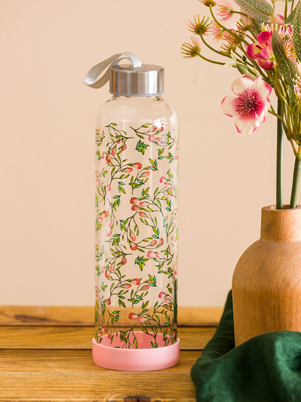 Karışık Çiçek Desenli Cam Matara 600 ml