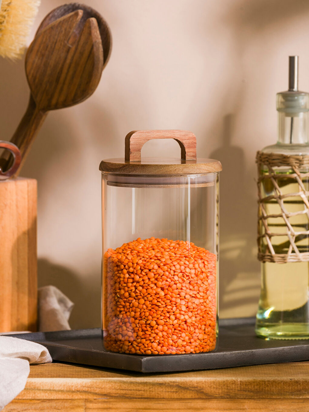 LCW HOME Wooden Lid Glass Jar 1000 ml -S47602Z8-Q57