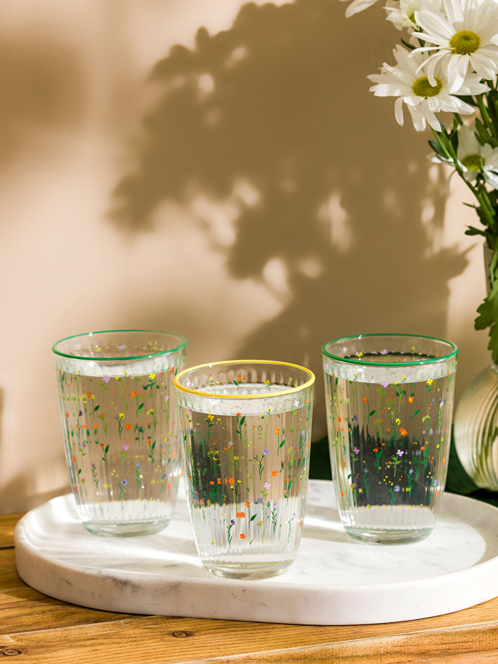 Karışık Çiçek Baskılı Cam Bardak 395 ml