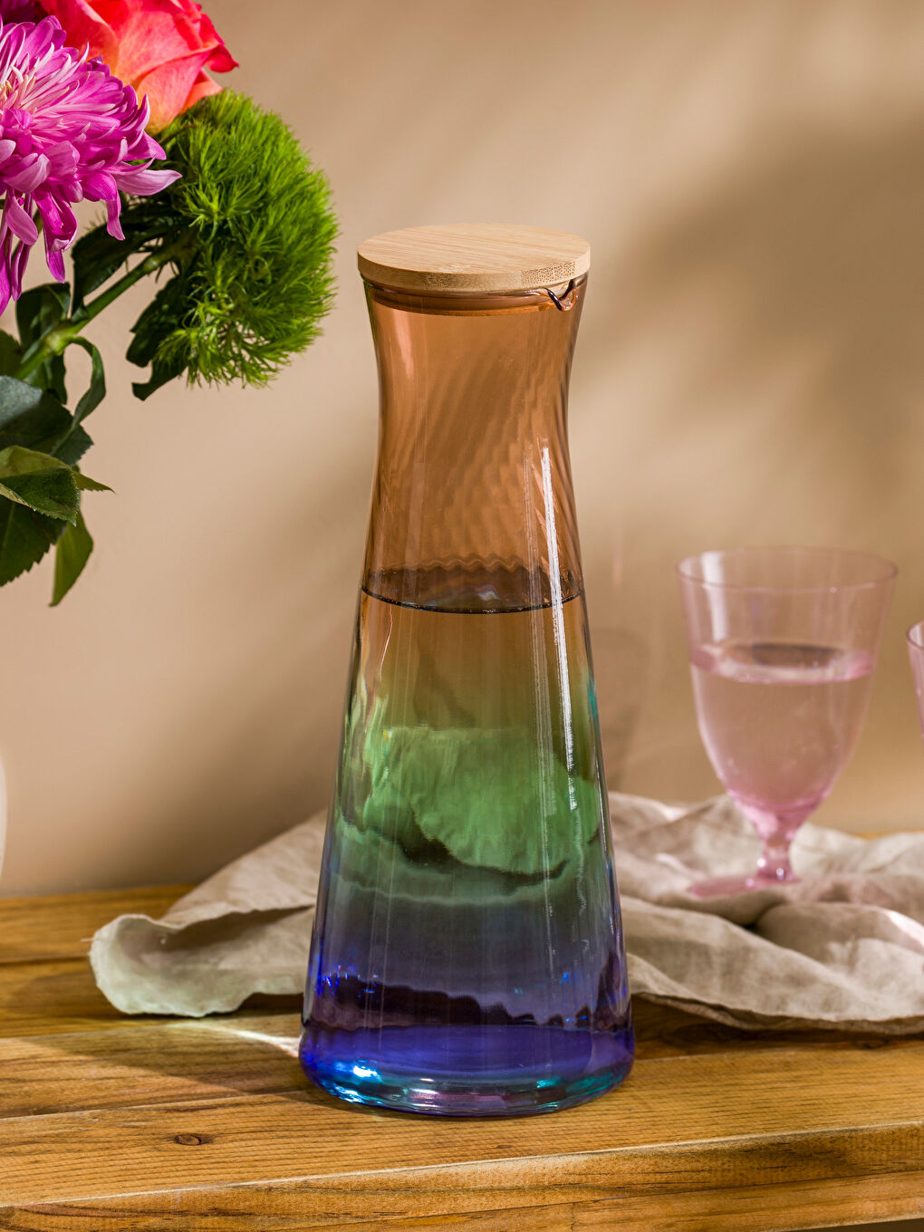 Karışık Ahşap Kapaklı Cam Sürahi 1100 ml