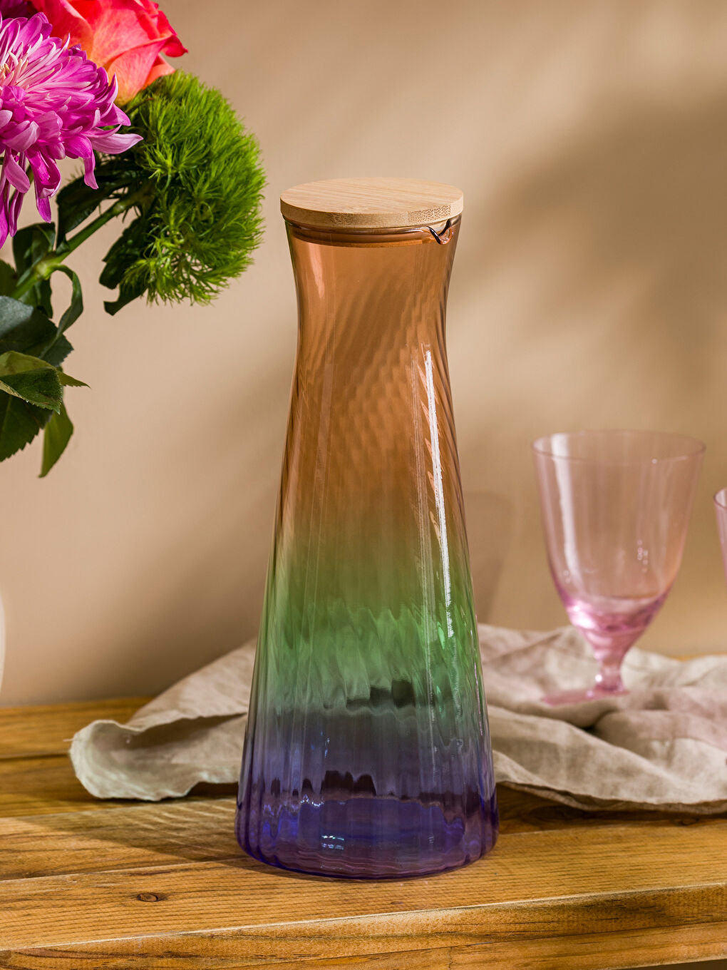 Karışık Ahşap Kapaklı Cam Sürahi 1100 ml-1