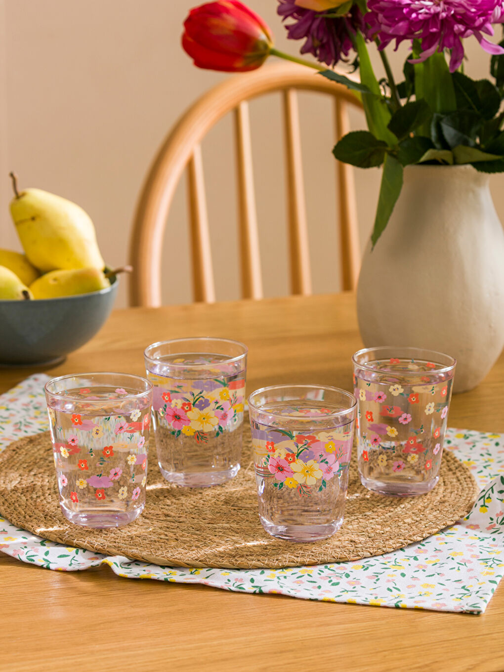Karışık Çiçek Desenli Cam Bardak 4'lü 250 ml