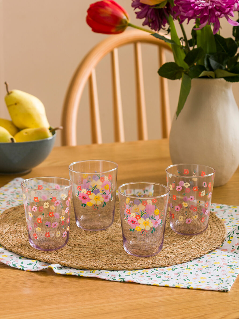 Karışık Çiçek Desenli Cam Bardak 4'lü 250 ml-1