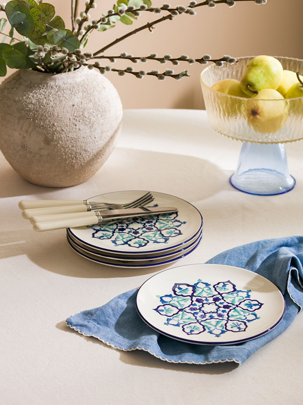 Mavi Baskılı Seramik Pasta Tabağı 21 cm