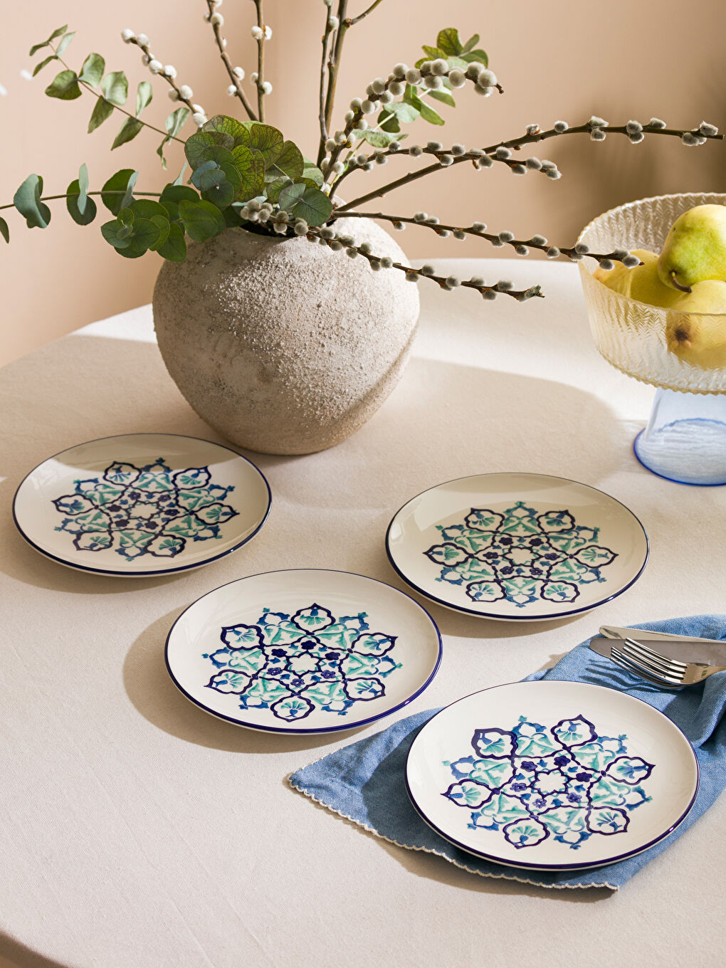 Mavi Baskılı Seramik Pasta Tabağı 21 cm-1