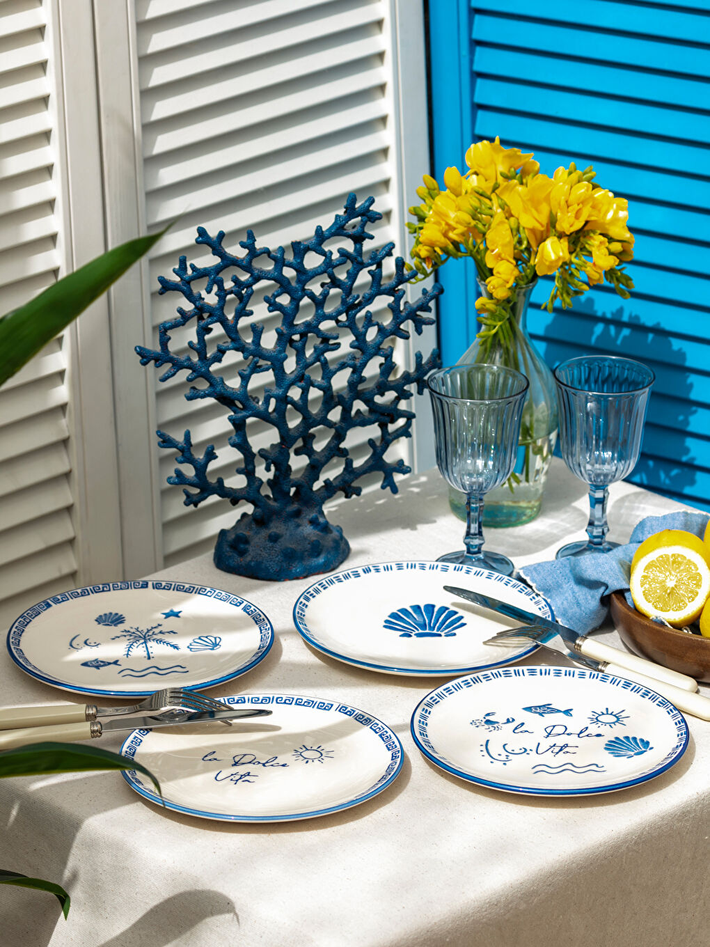 Mavi Baskılı Seramik Pasta Tabağı Seti 4'lü 21 cm