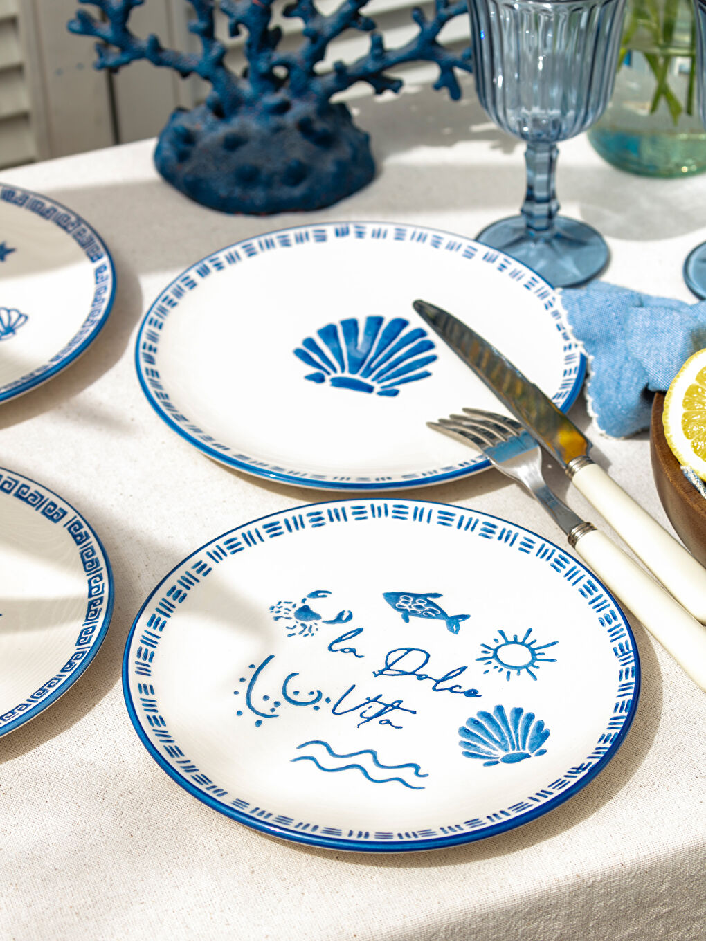 Mavi Baskılı Seramik Pasta Tabağı Seti 4'lü 21 cm-1