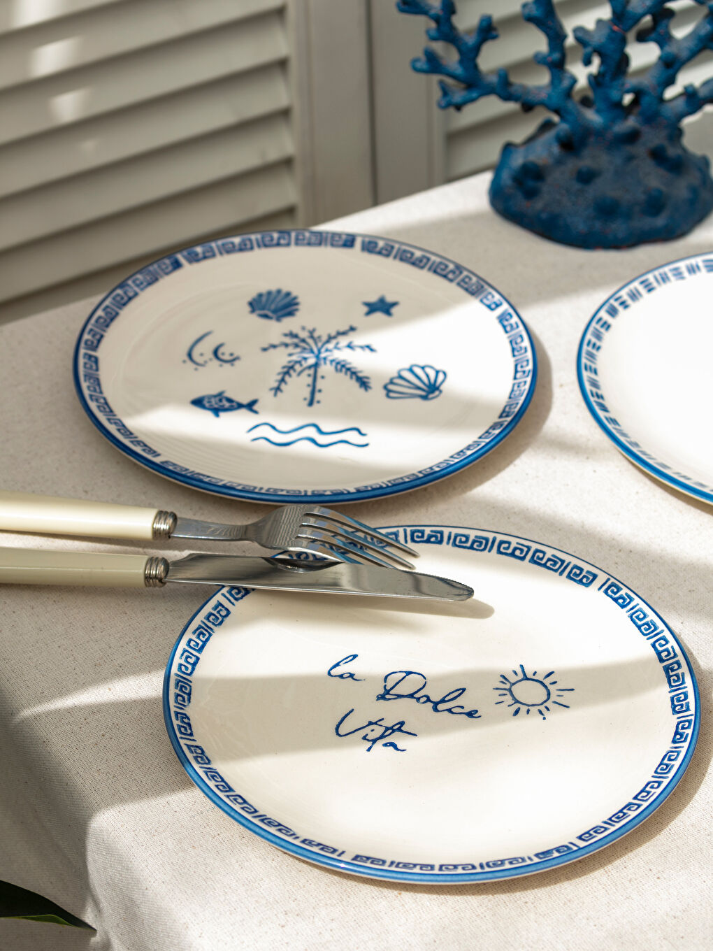 Mavi Baskılı Seramik Pasta Tabağı Seti 4'lü 21 cm-2