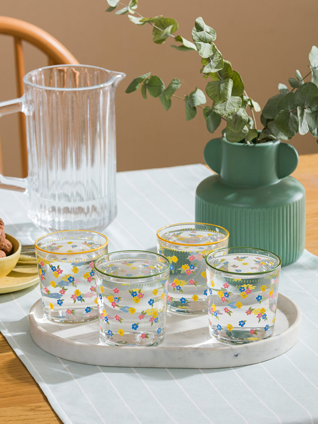 Karışık Çiçek Baskılı Cam Bardak Seti 4'lü 380 ml