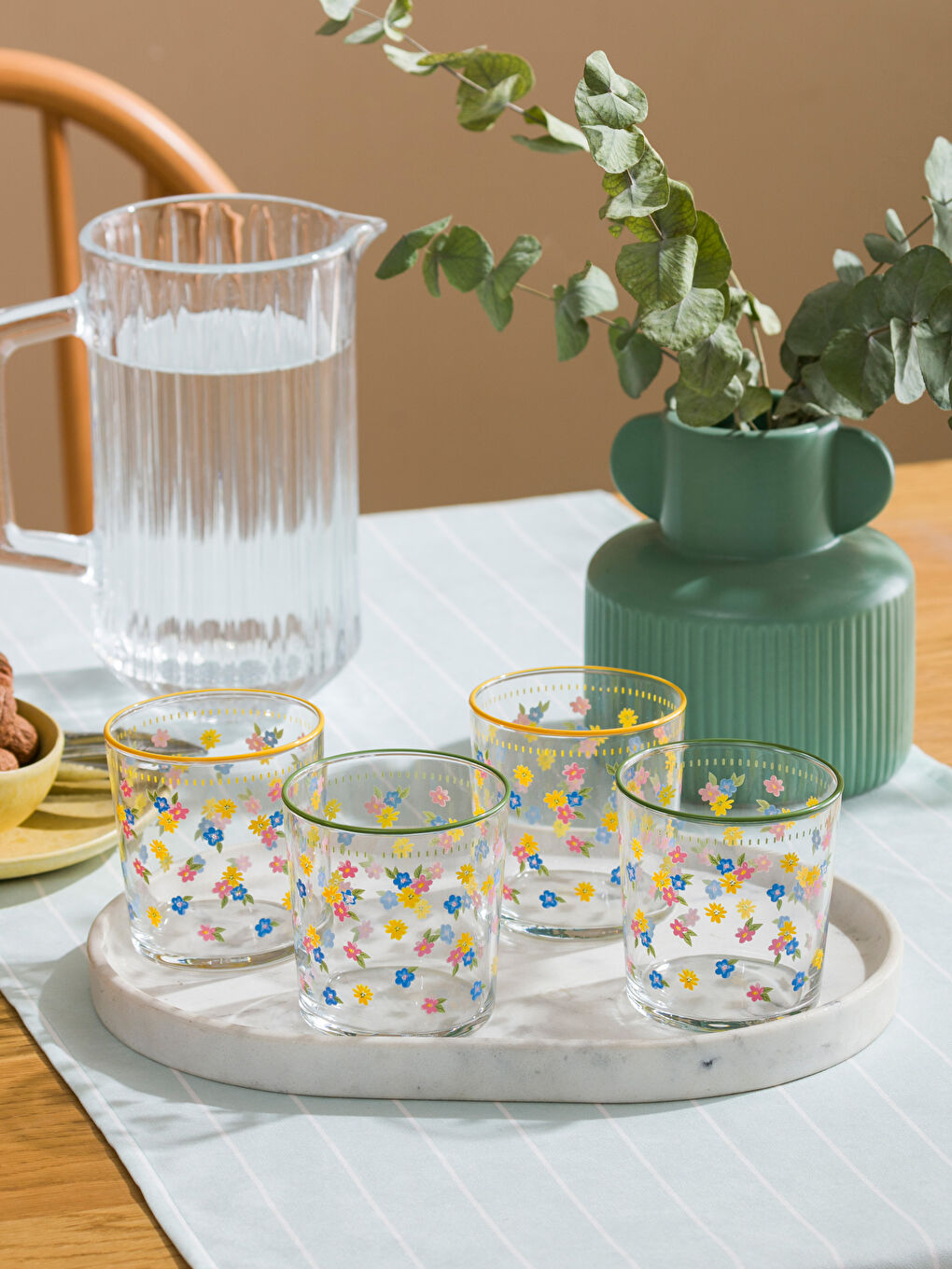 Karışık Çiçek Baskılı Cam Bardak Seti 4'lü 380 ml-1