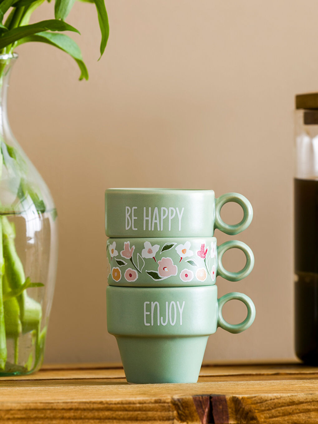 Yeşil Çiçek Baskılı 3 Kişilik Seramik Kahve Fincanı 180 ml