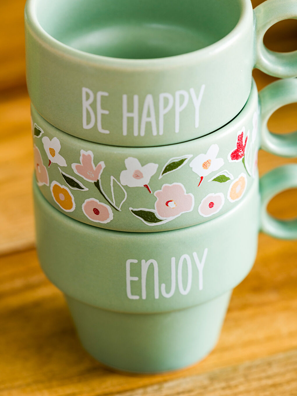Yeşil Çiçek Baskılı 3 Kişilik Seramik Kahve Fincanı 180 ml-2