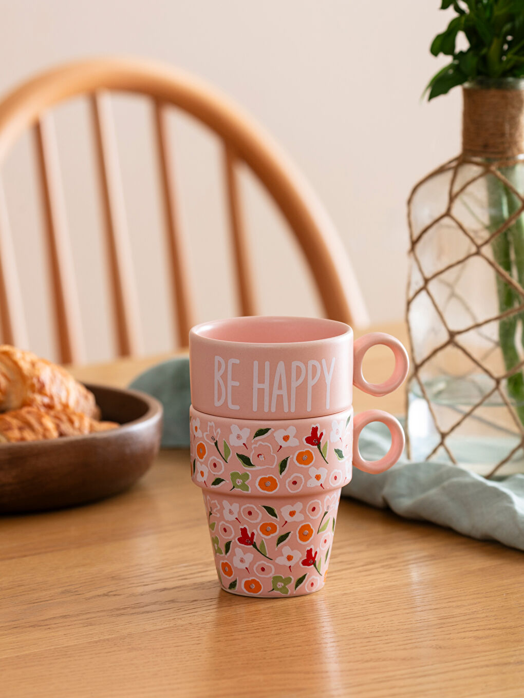 Pembe Çiçek Baskılı Seramik Kupa Seti 2'li