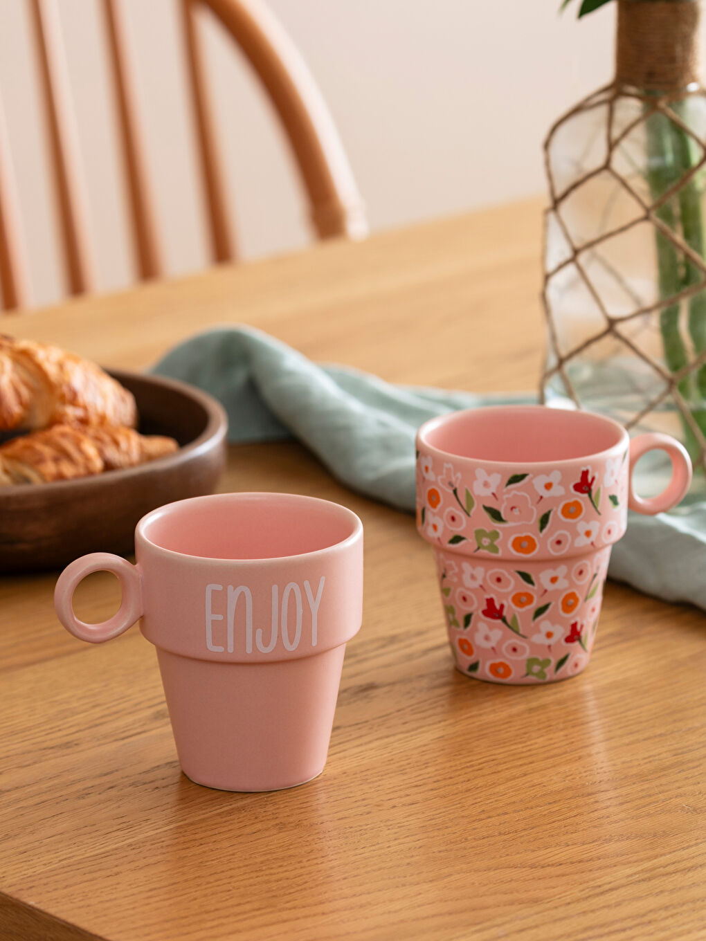 Pembe Çiçek Baskılı Seramik Kupa Seti 2'li-1