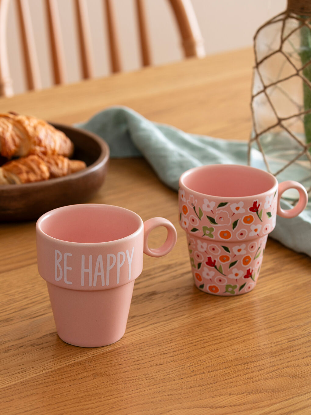 Pembe Çiçek Baskılı Seramik Kupa Seti 2'li-2