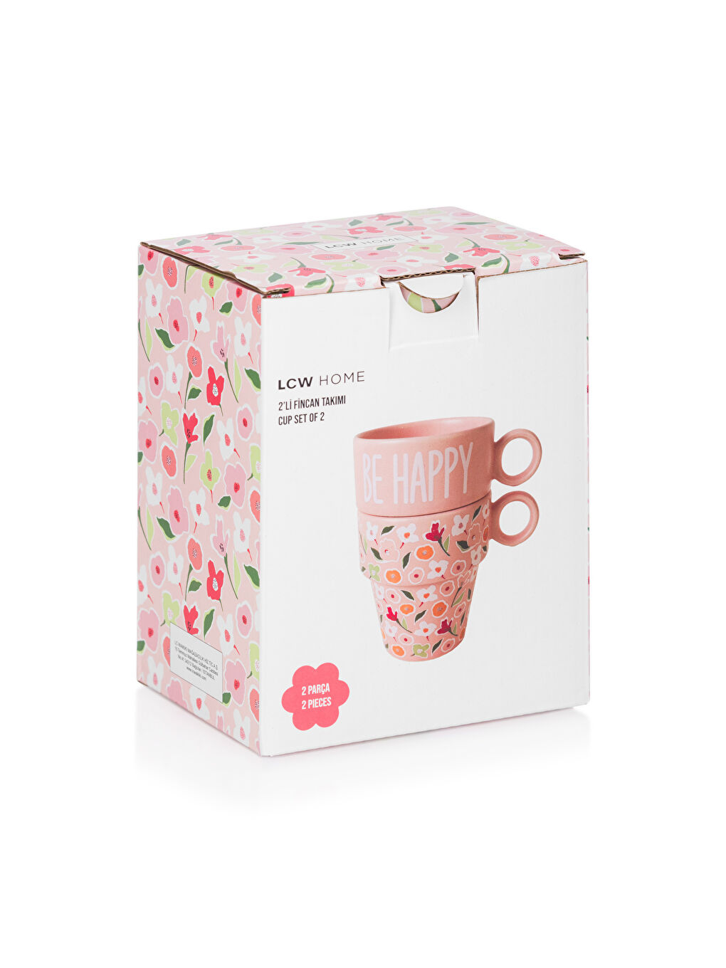 Pembe Çiçek Baskılı Seramik Kupa Seti 2'li-3