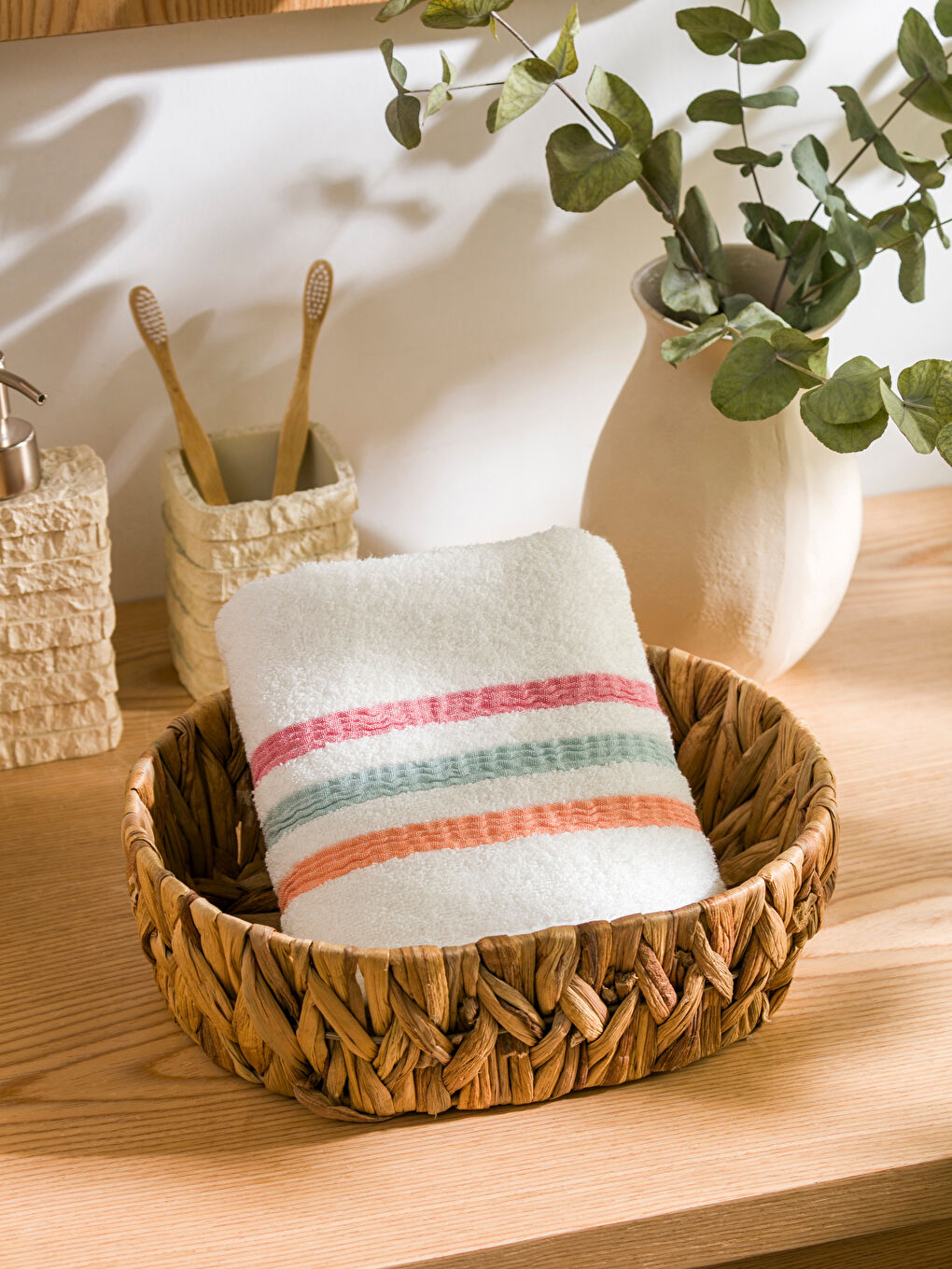 Ekru Çizgi Desenli Yüz Havlusu 50x80 cm-1